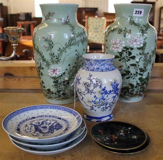 Pair Celadon vases, cloisonne & plated